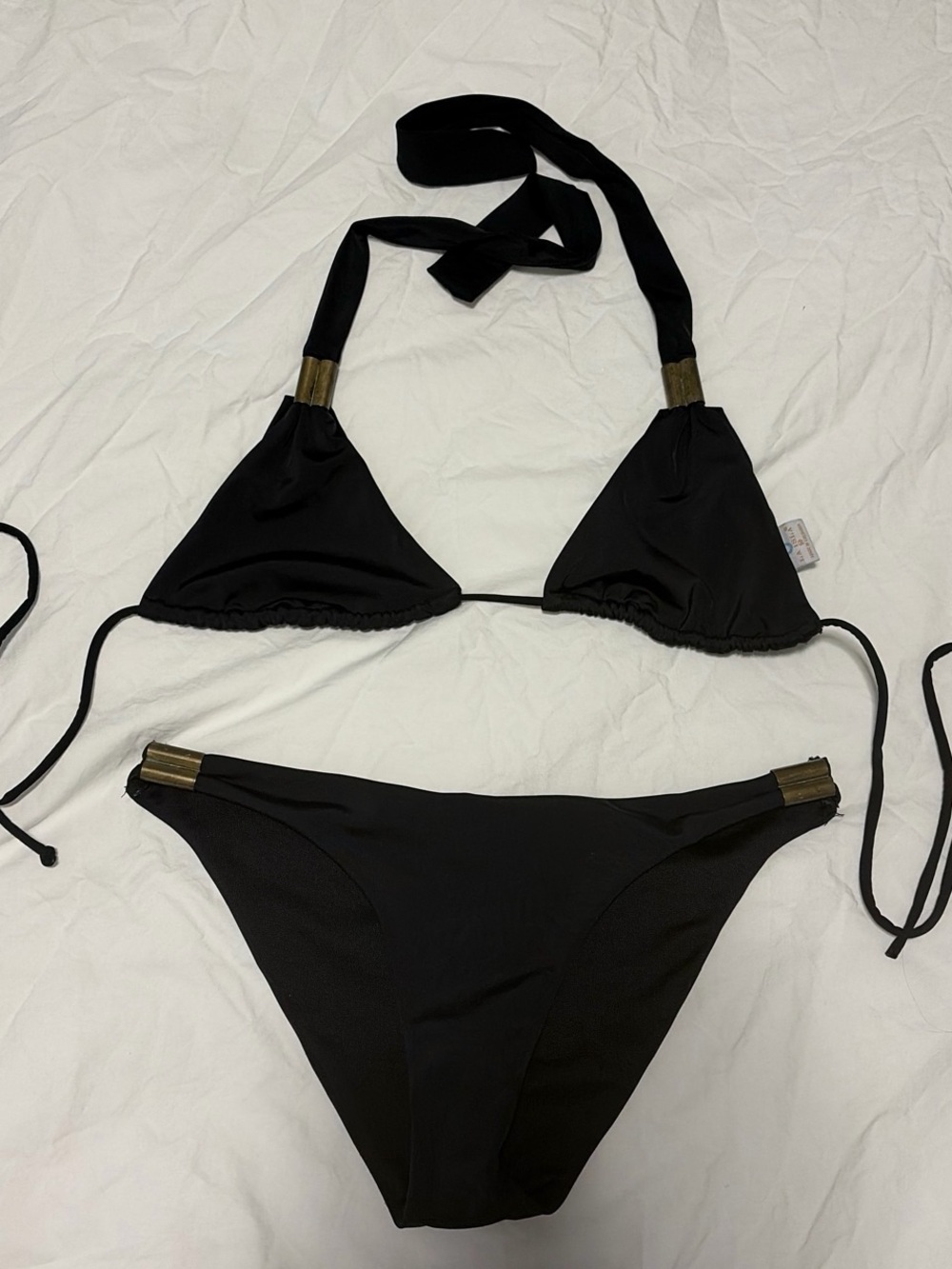 Black Halter Triangle Bikini with Brass Detail